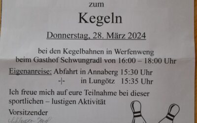 Kegeln bei den Kegelbahnen in Werfenweng am Donnerstag, 28. März 2024
